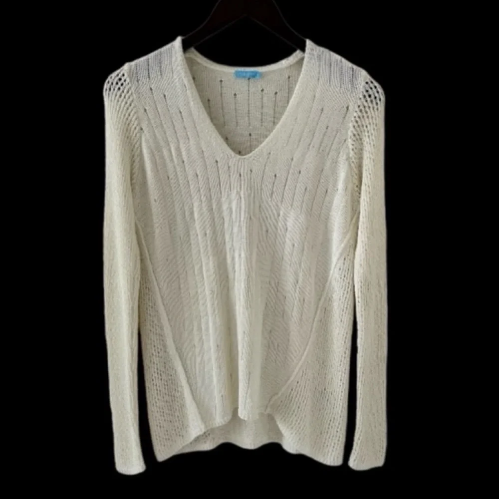 J. McLaughlin Cream V-Neck Open Stitch Long Sleeve Knit Sweater Size Small - Picture 3 of 9